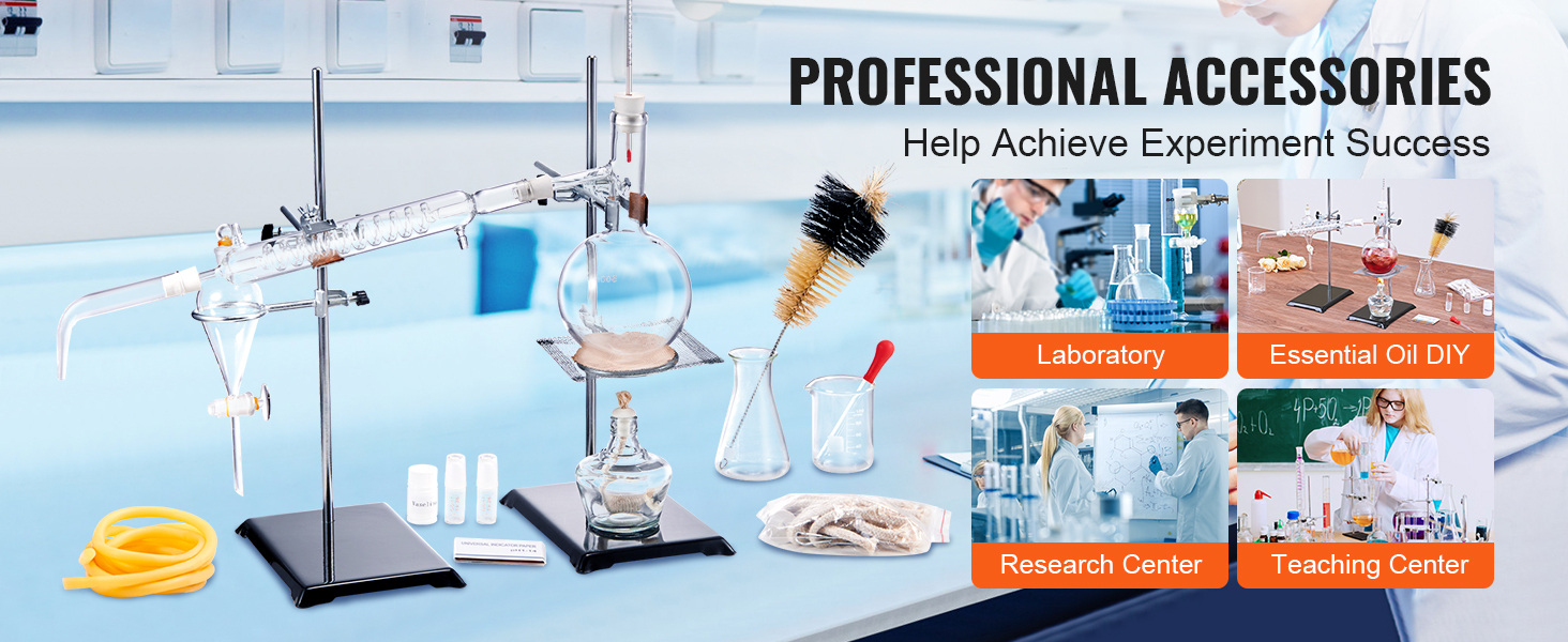 VEVOR essential oil distillation kit displayed in a laboratory setting with various glassware and accessories.