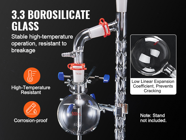 VEVOR laboratorijas destilācijas komplekts ar 3.3 borsilikāta stiklu, kas izturīgs pret augstām temperatūrām un koroziju.