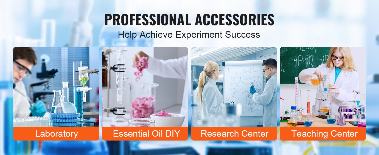 profesionāli piederumi laboratorijai, ēterisko eļļu diy, pētniecības centram, mācību centram ar VEVOR laboratorijas destilācijas komplektu.