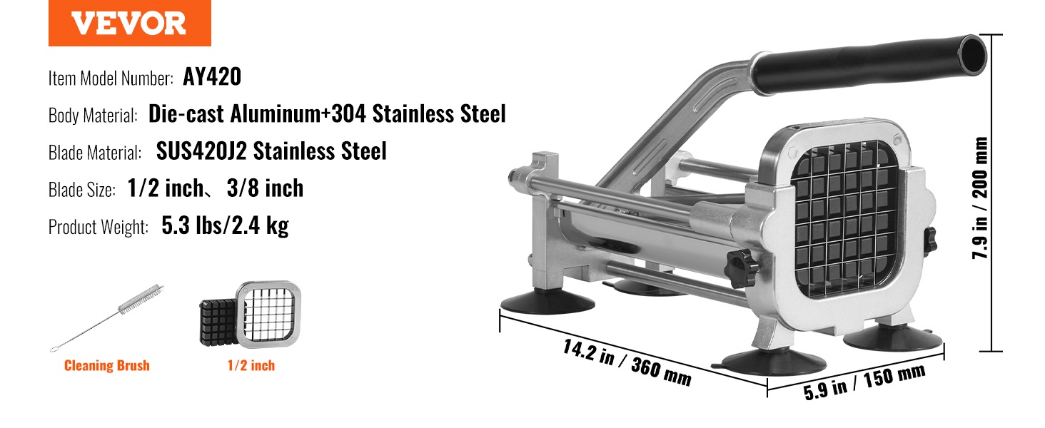 VEVOR french fry cutter, model ay420, die-cast body, sus420j2 blades, 1/2 inch and 3/8 inch sizes.
