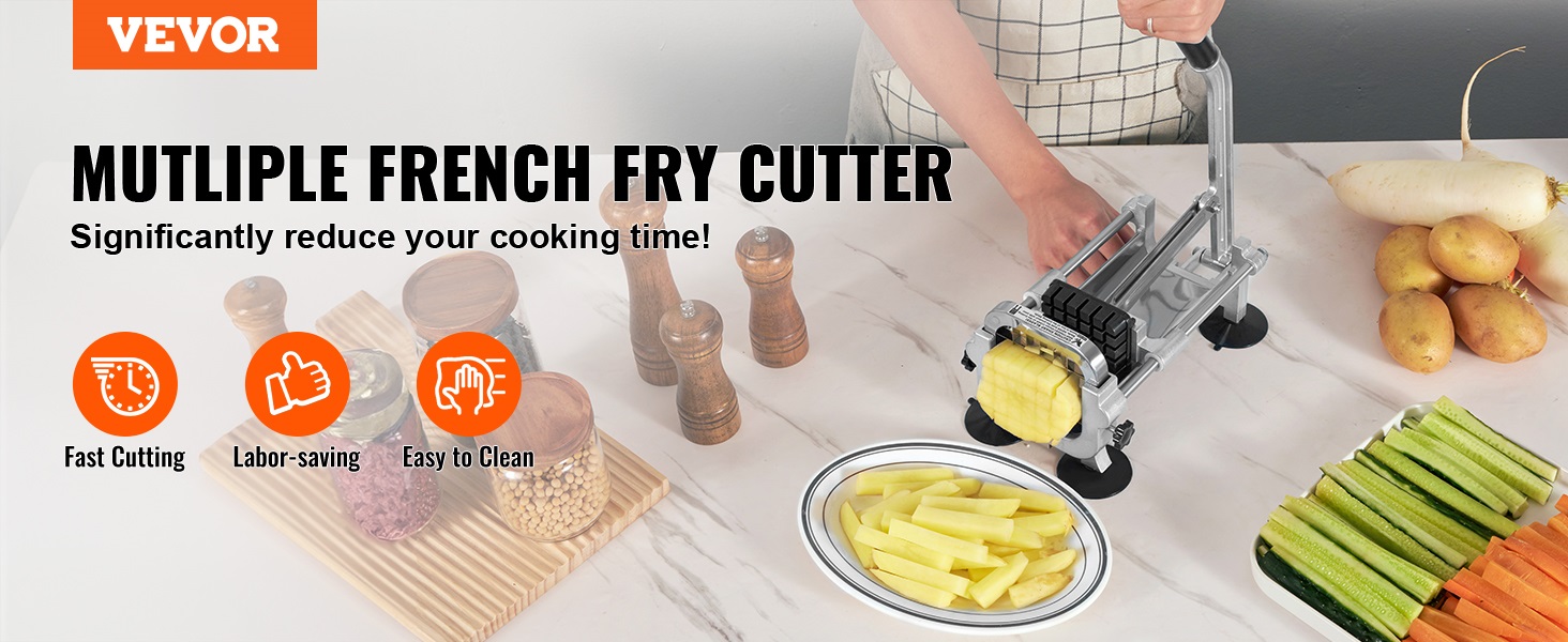 VEVOR french fry cutter on counter with sliced potatoes, wood jars, and vegetables. fast cutting, easy to clean.