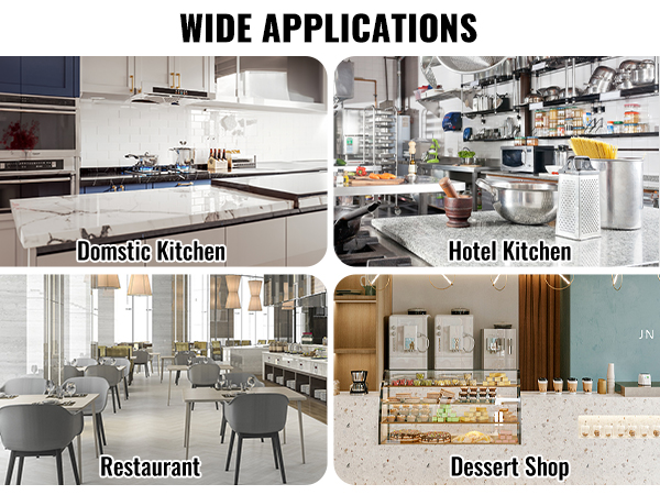 VEVOR french fry cutter showcased in domestic kitchen, hotel kitchen, restaurant, and dessert shop.