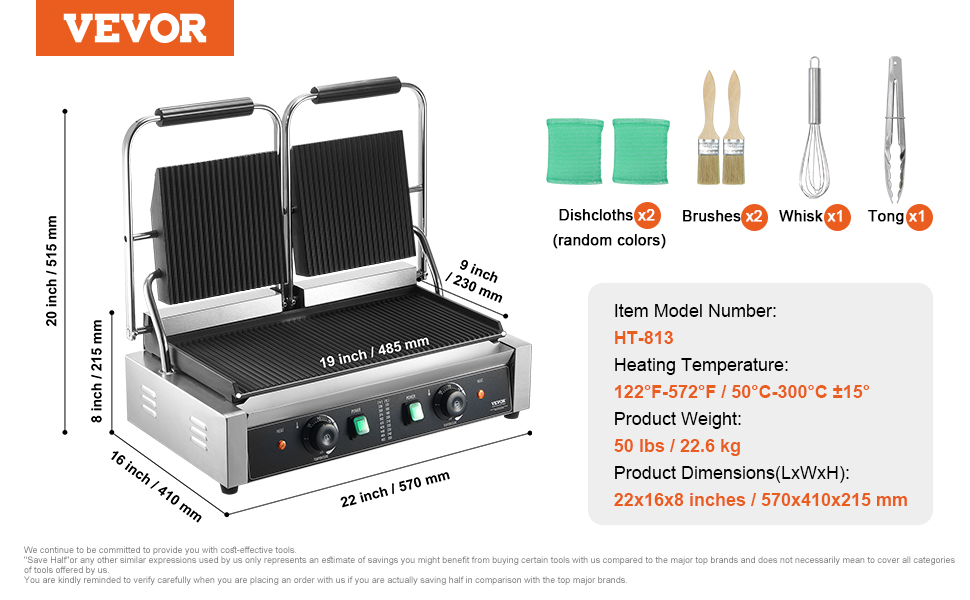 VEVOR panini press ht-813 with accessories, dimensions, and temperature range from 122°f to 572°f.