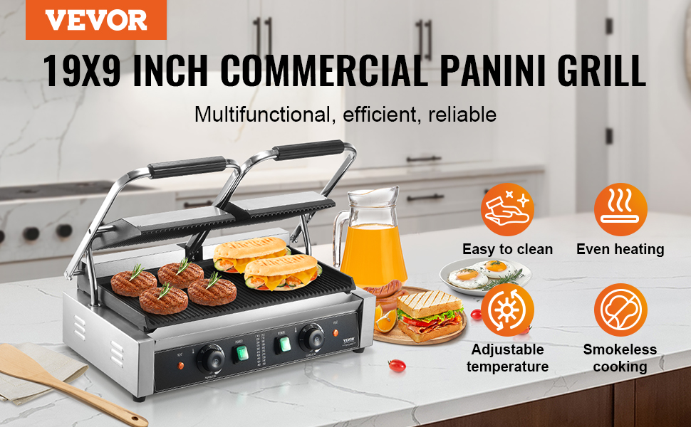 VEVOR panini press on a kitchen counter, grilling sandwiches and sausages with various features highlighted.
