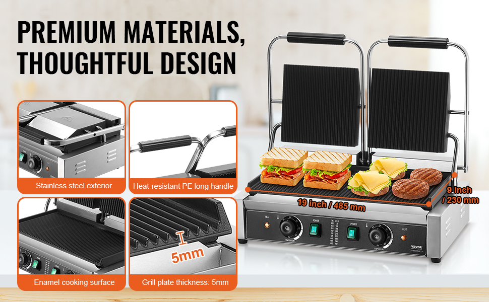 VEVOR panini press with stainless steel exterior, heat-resistant pe handles, enamel cooking surface.