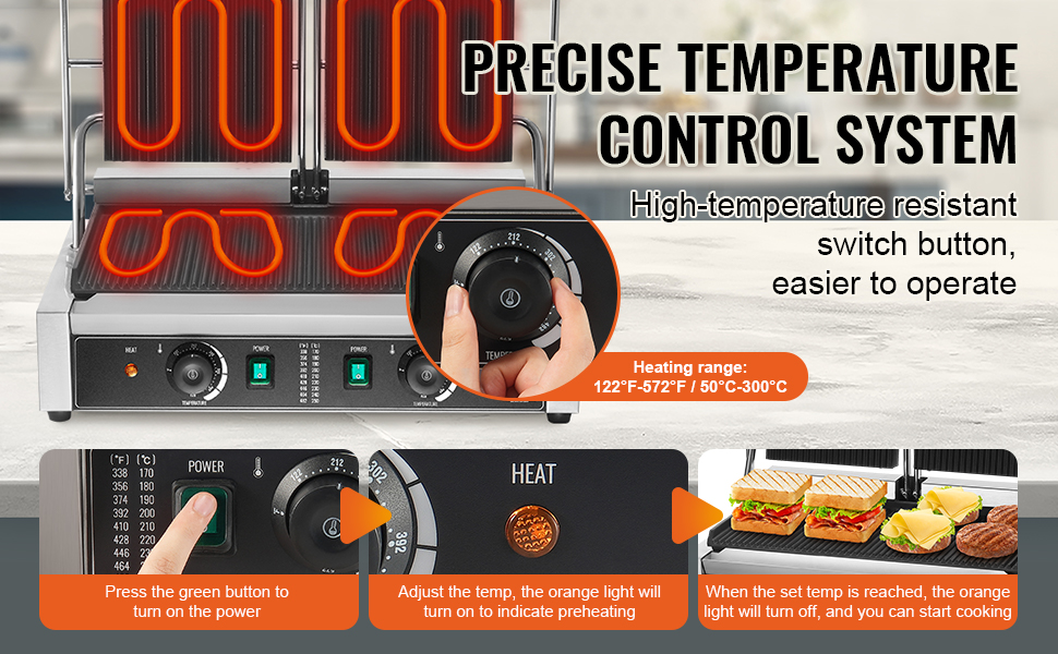 VEVOR panini press with precise temperature control system and high-temperature resistant buttons.