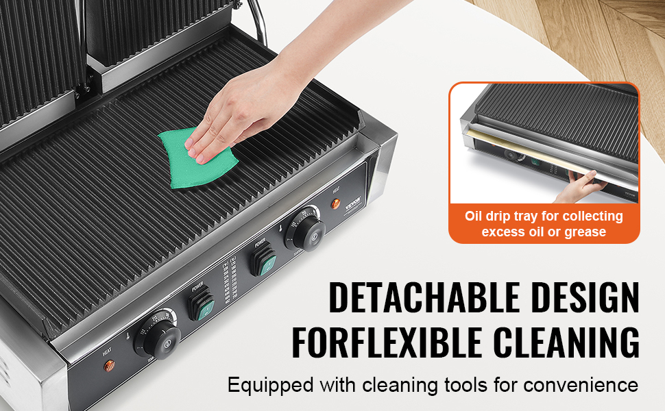 hand cleaning the VEVOR panini press with detachable design and oil drip tray for easy maintenance.