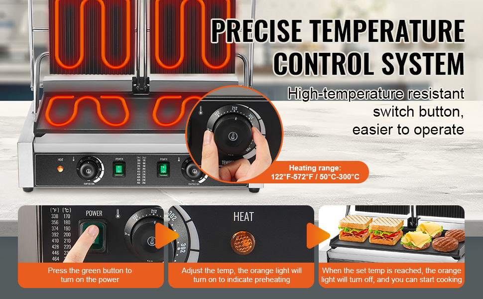 VEVOR panini press with precise temperature control system, dual heating elements, and power switches.