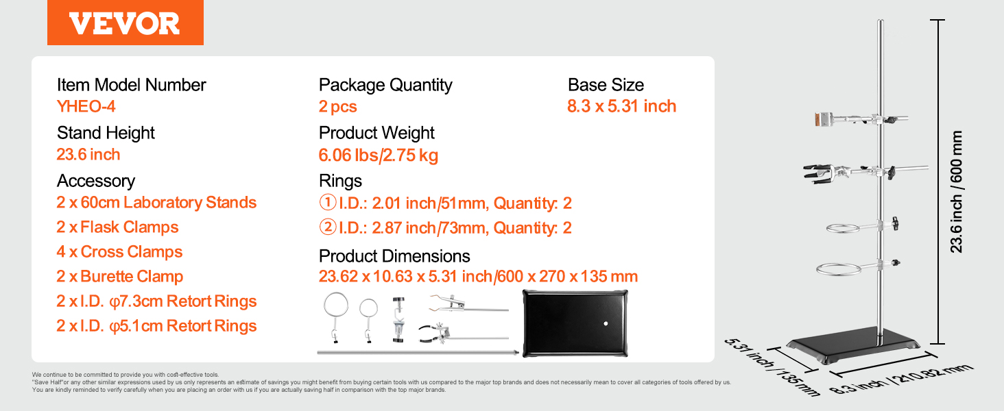 VEVOR lab stand details: 23.6in height, 2pcs package, 6.06lb weight, 8.3x5.31in base, with clamps and rings.