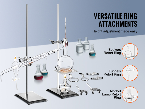 VEVOR lab stand with adjustable ring attachments, glassware, and an alcohol lamp for versatile lab use.