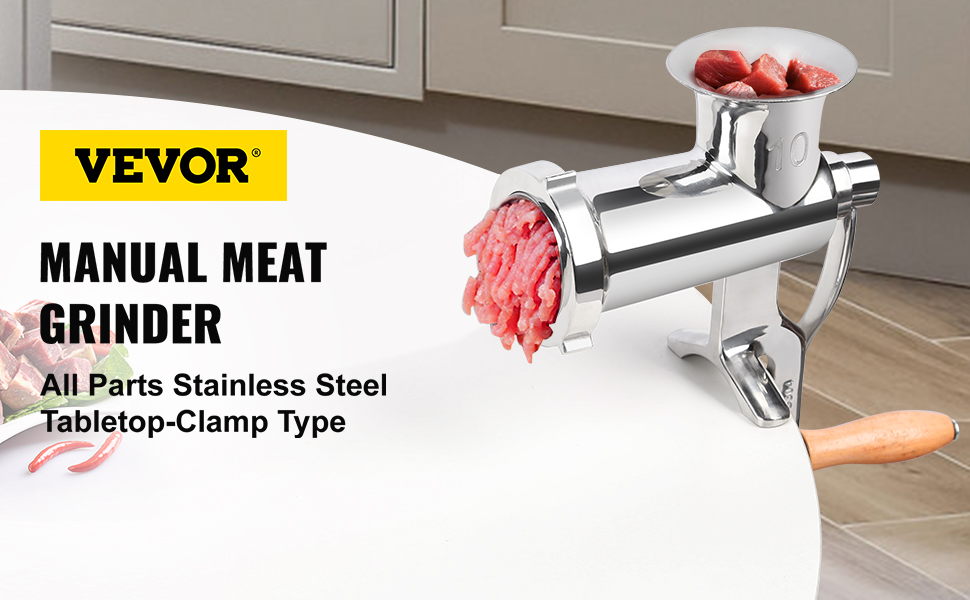 VEVOR manual meat grinder, stainless steel tabletop clamp type with ground meat and raw meat pieces.
