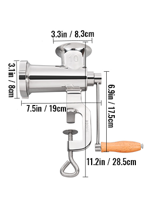 VEVOR manual meat grinder with wooden handle and detailed measurements.