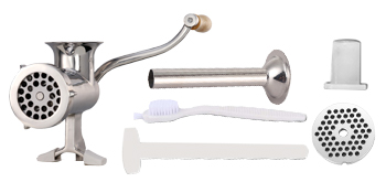 VEVOR manual meat grinder with handle, steel tube, brush, stuffer, and grinding plates.