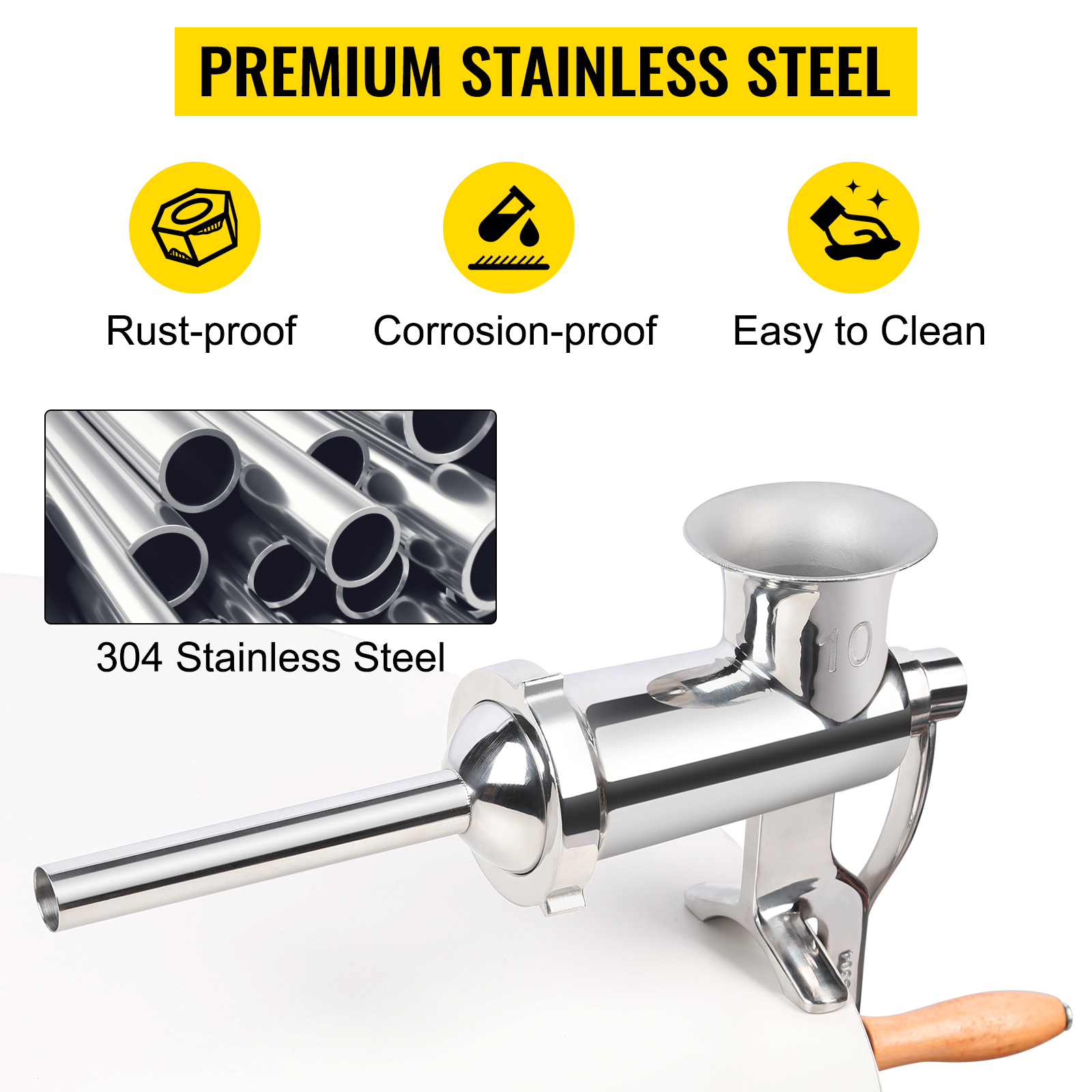 VEVOR manual meat grinder in premium rust-proof, corrosion-proof, and easy-to-clean 304 stainless steel.