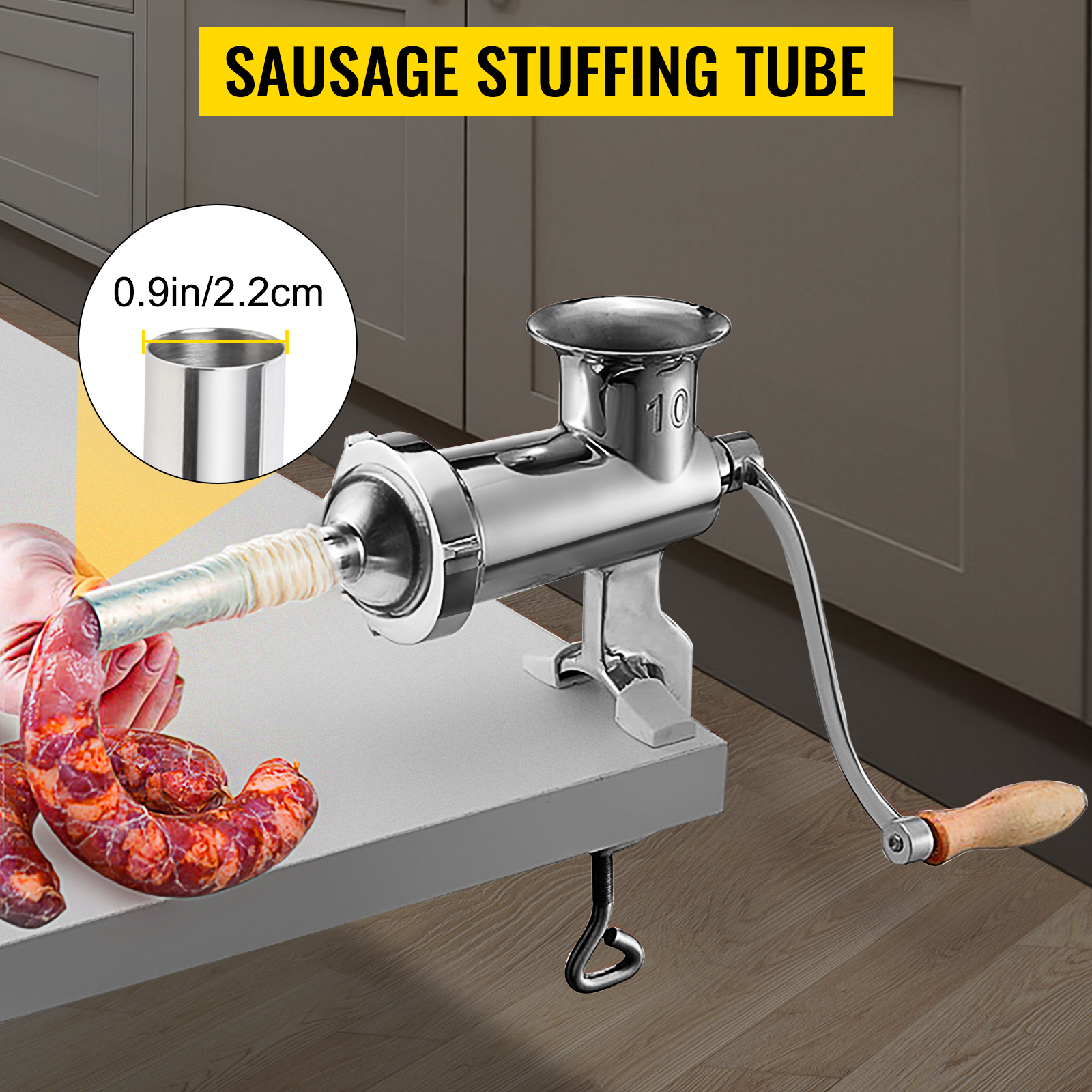 VEVOR manual meat grinder with sausage stuffing tube and clamp, showing 0.9in diameter measurement.