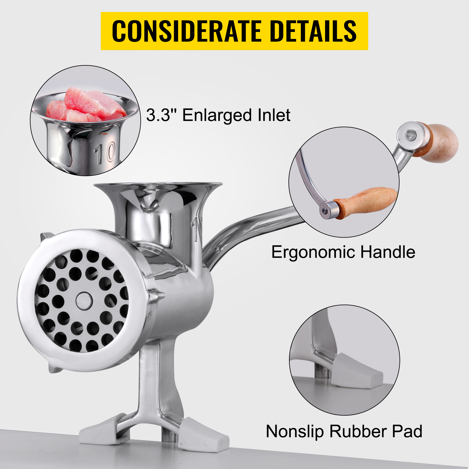 VEVOR manual meat grinder with 3.3-inch enlarged inlet, ergonomic handle, and nonslip rubber pad.
