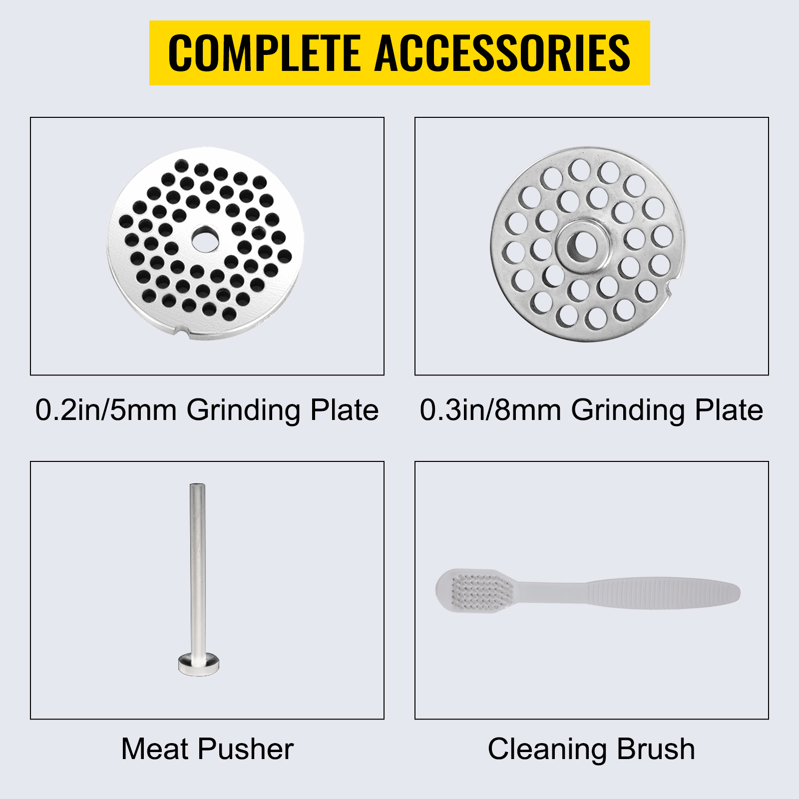 complete accessories for VEVOR manual meat grinder: 5mm and 8mm grinding plates, meat pusher, cleaning brush.