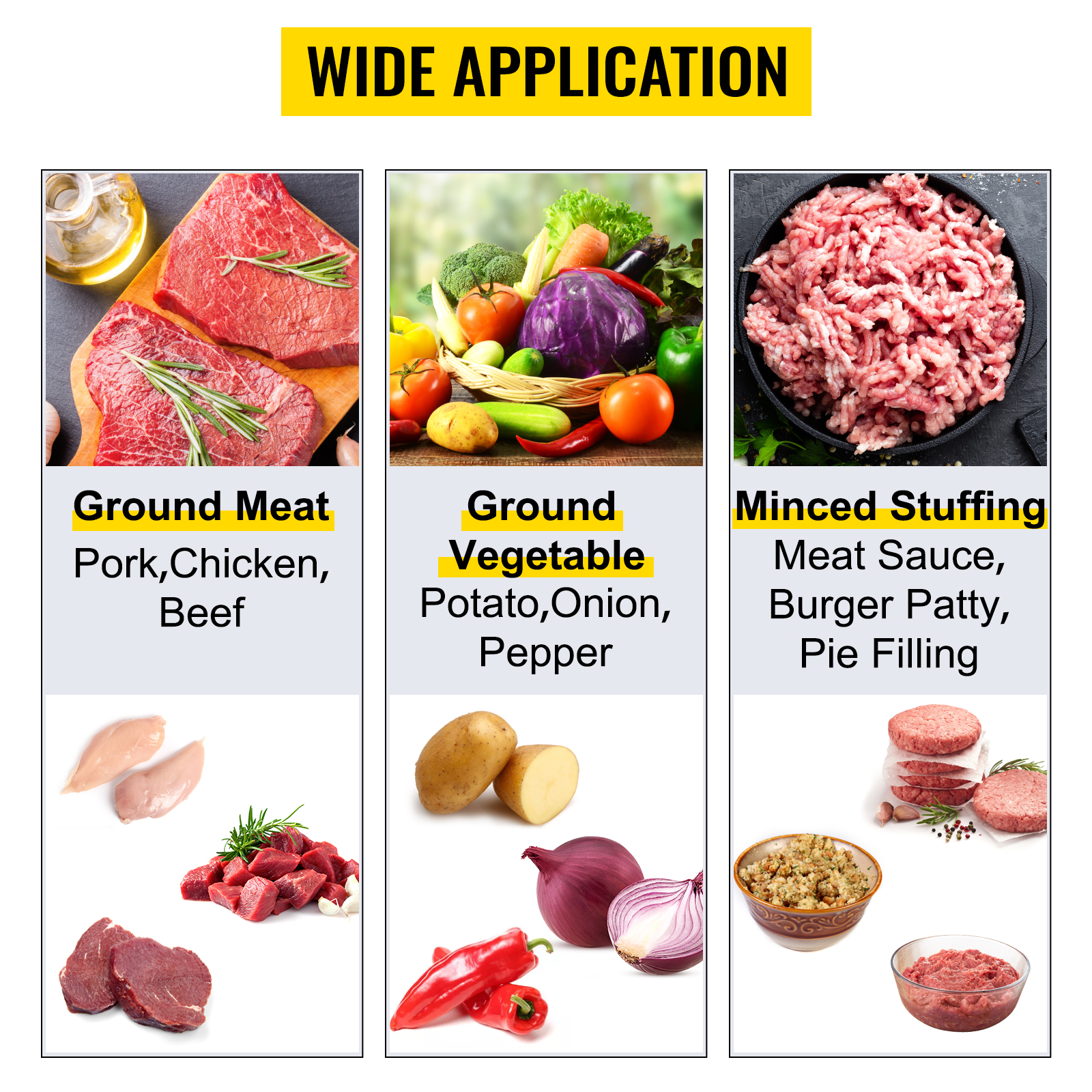 wide application chart for the VEVOR manual meat grinder showing ground meats, vegetables, and minced stuffing.