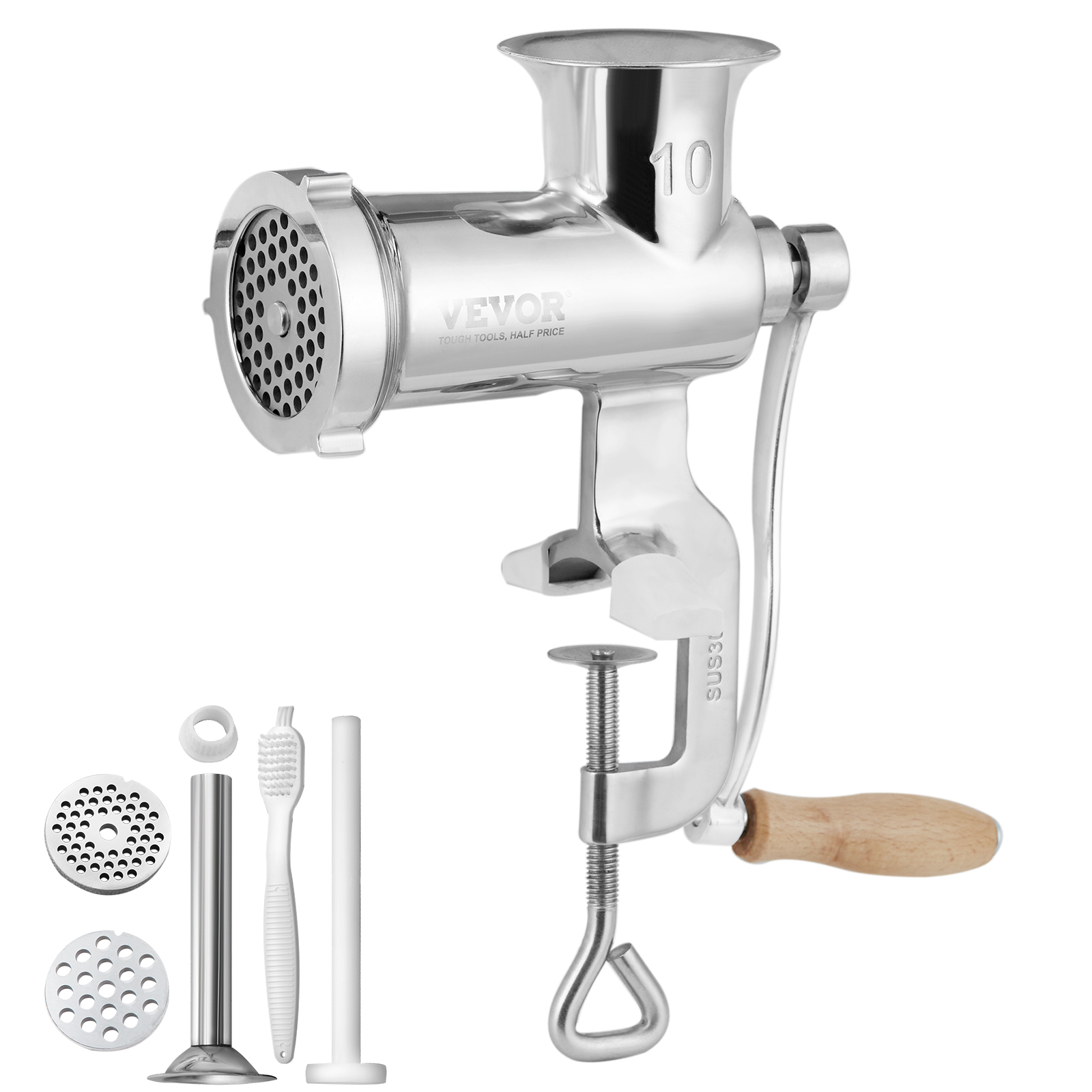 VEVOR manual meat grinder with wooden handle, clamp base, steel grinding plates, and cleaning brush.