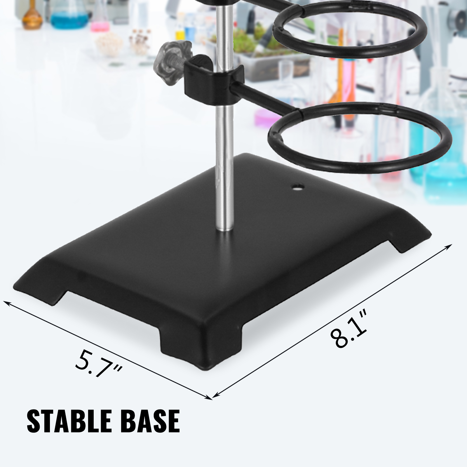 VEVOR laboratory stand set with stable 5.7"x8.1" base in a lab with equipment.