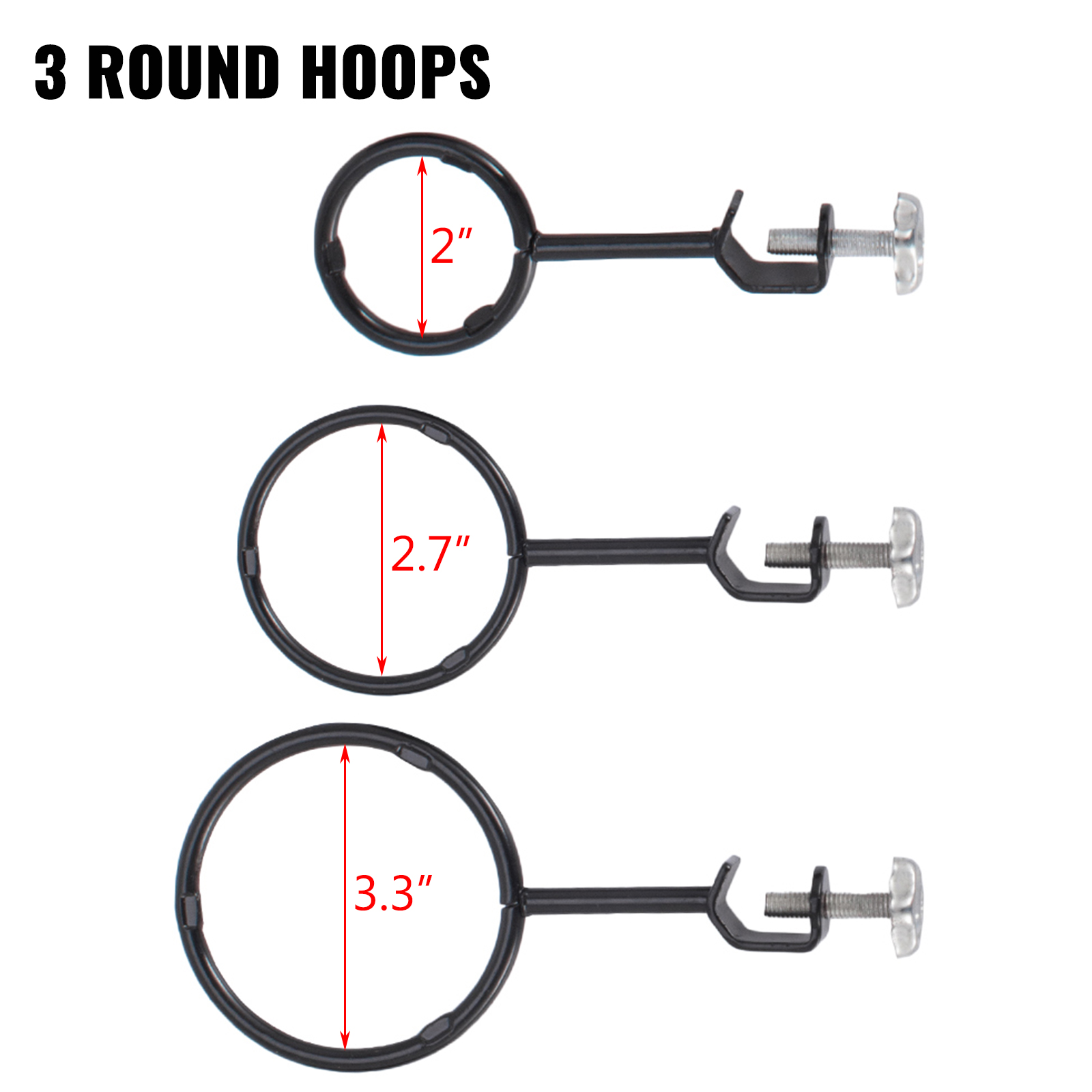 3 round hoops with diameters 2", 2.7", and 3.3" for VEVOR laboratory stand set.