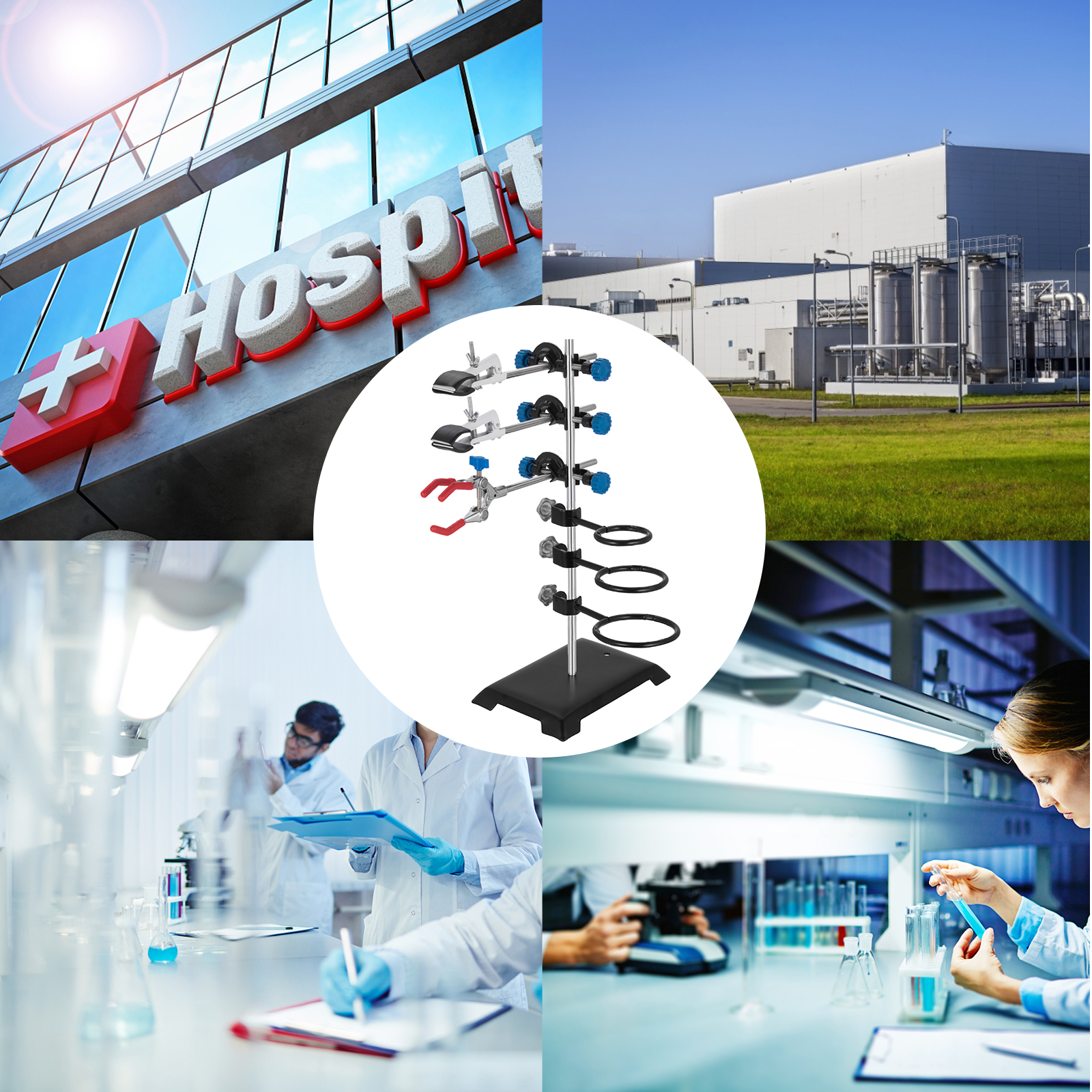 VEVOR laboratory stand set in a collage with hospital, laboratory, and industrial scenes.