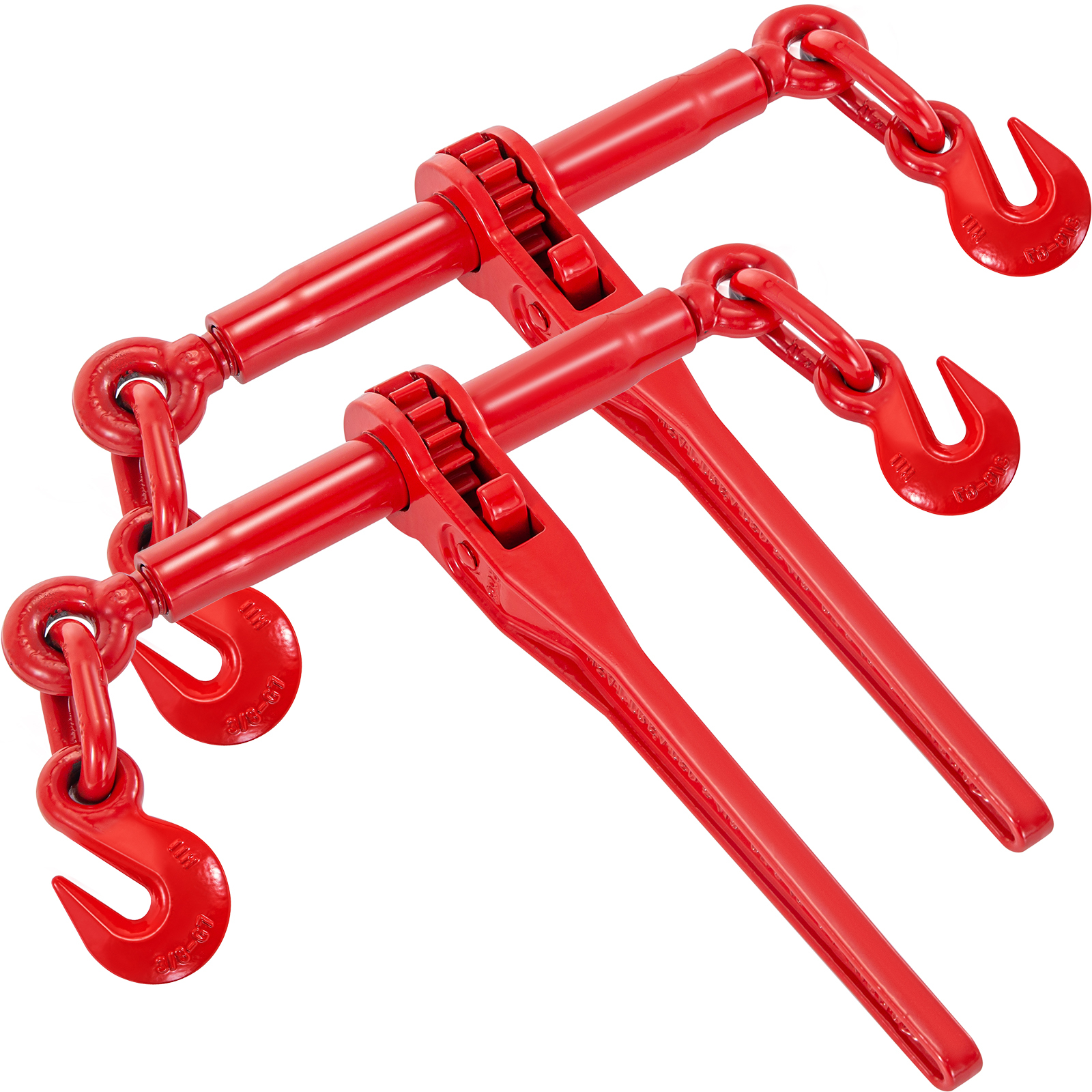 red VEVOR ratchet binders with hooks, sturdy and efficient for tightening cargo.
