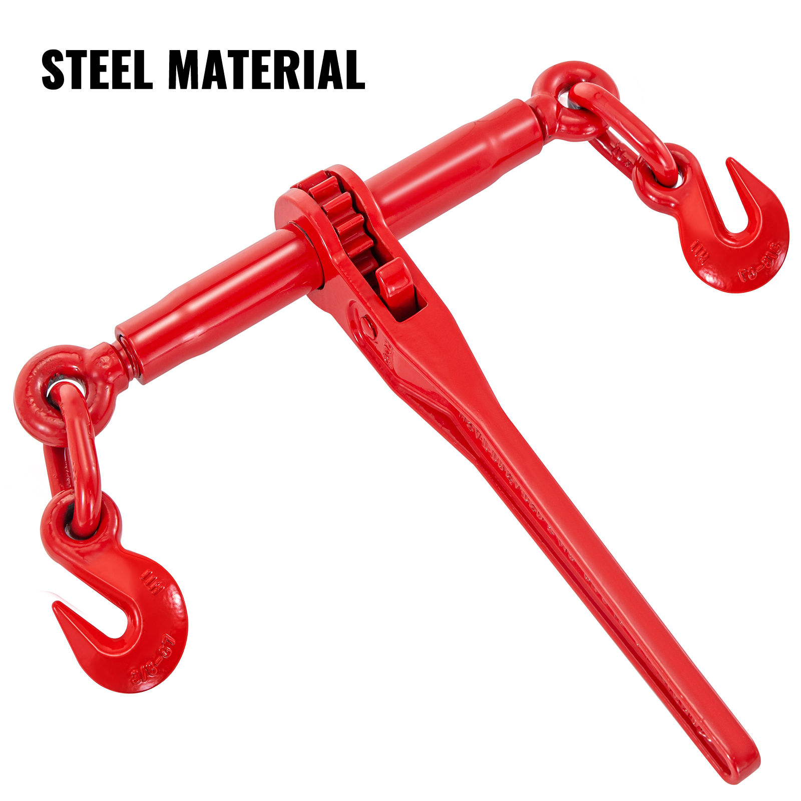VEVOR ratchet binders, red steel material, with sturdy hooks on both ends.