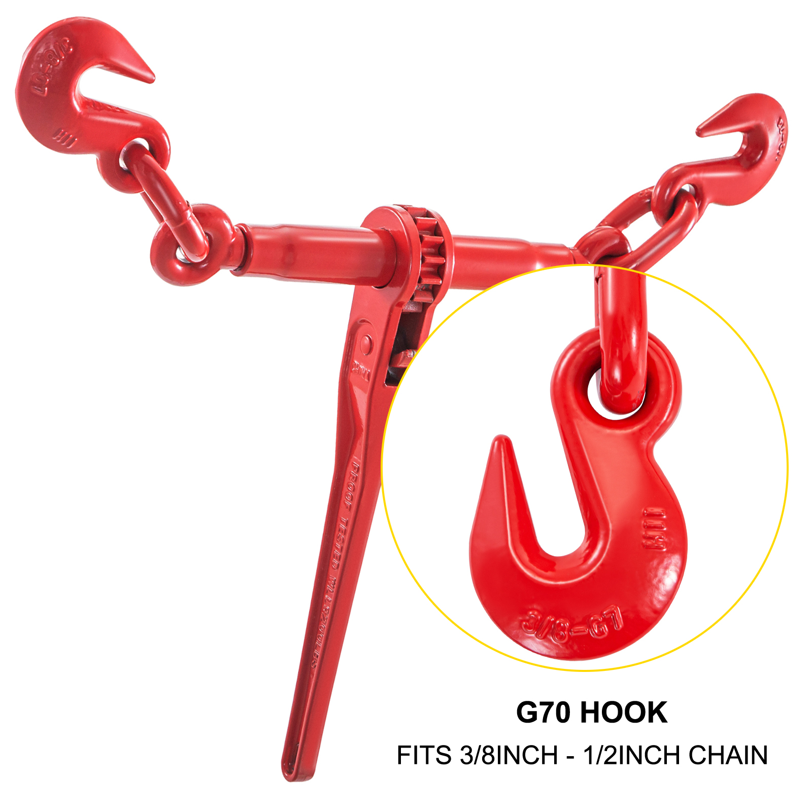 red VEVOR ratchet binders with g70 hook for 3/8 inch to 1/2 inch chain.