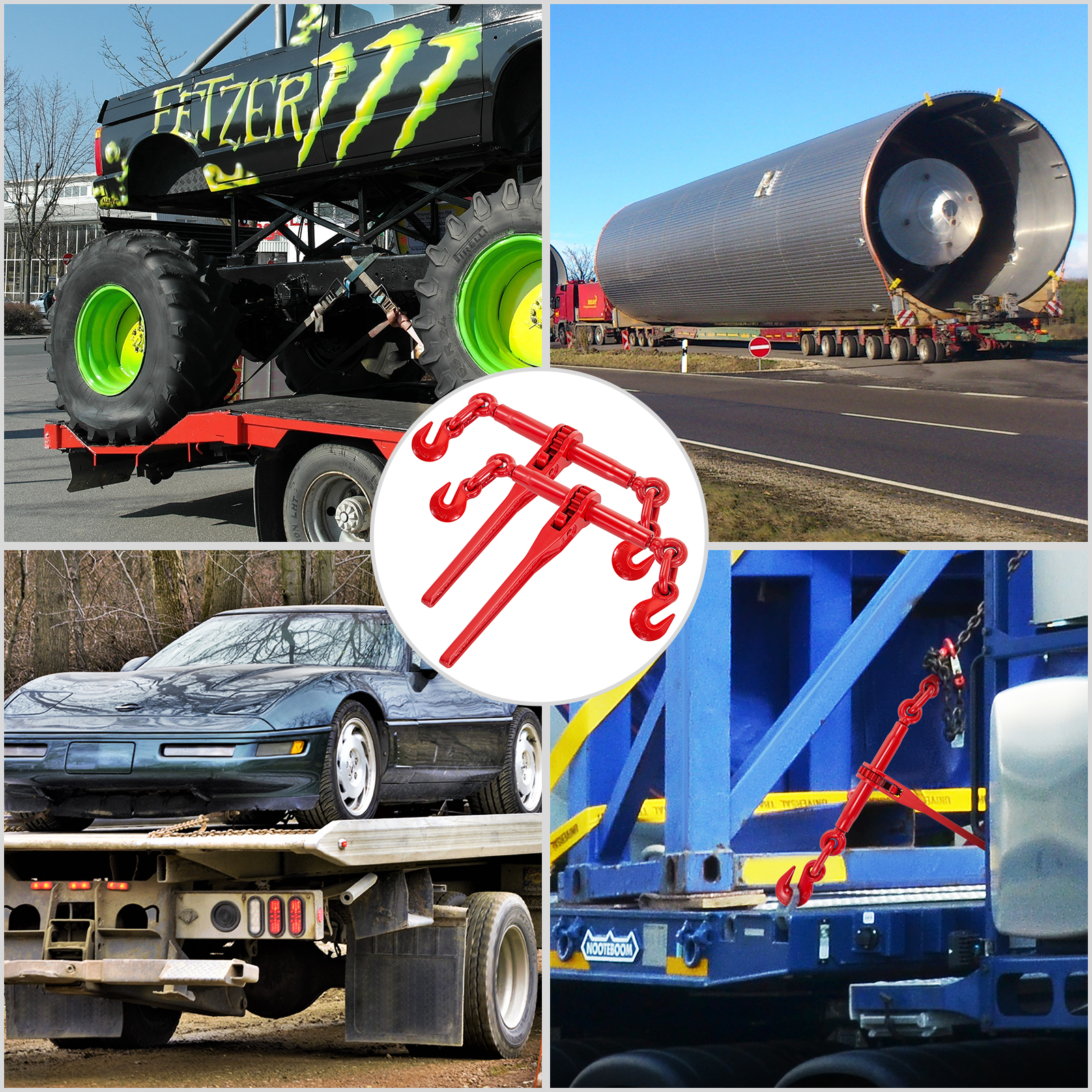 VEVOR ratchet binders securing vehicles and heavy load on various trucks and trailers.