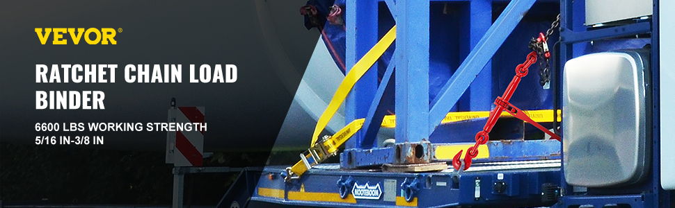 VEVOR ratchet chain binder securing heavy load with yellow and red straps on truck.