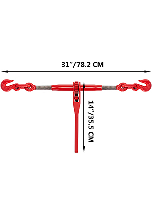 VEVOR ratchet chain binder, red with hooks, 31" width, 14" height measurements indicated.