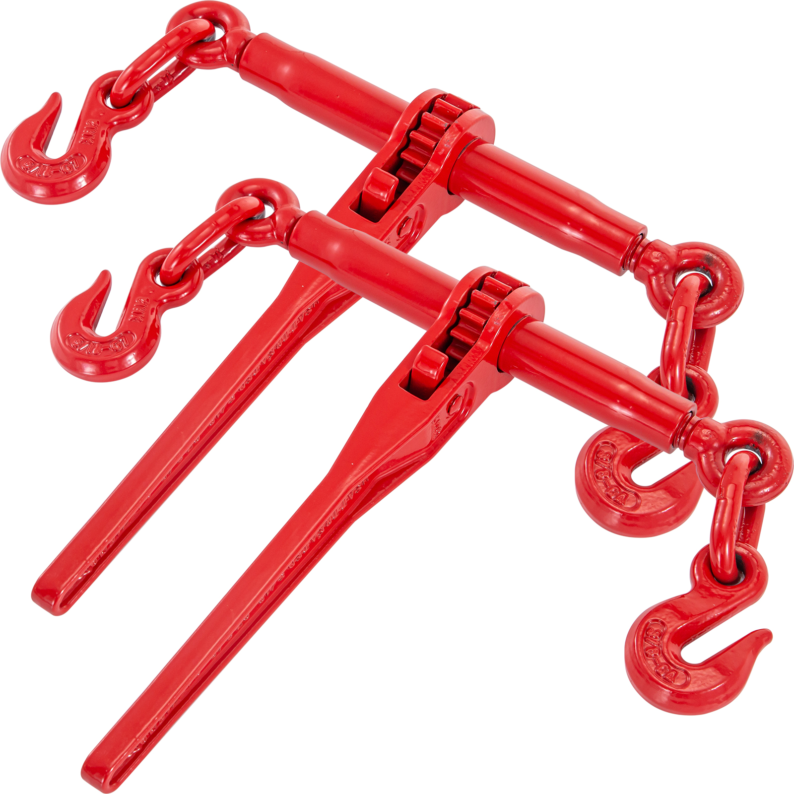 red VEVOR ratchet chain binder with hooks and chains for securing cargo.