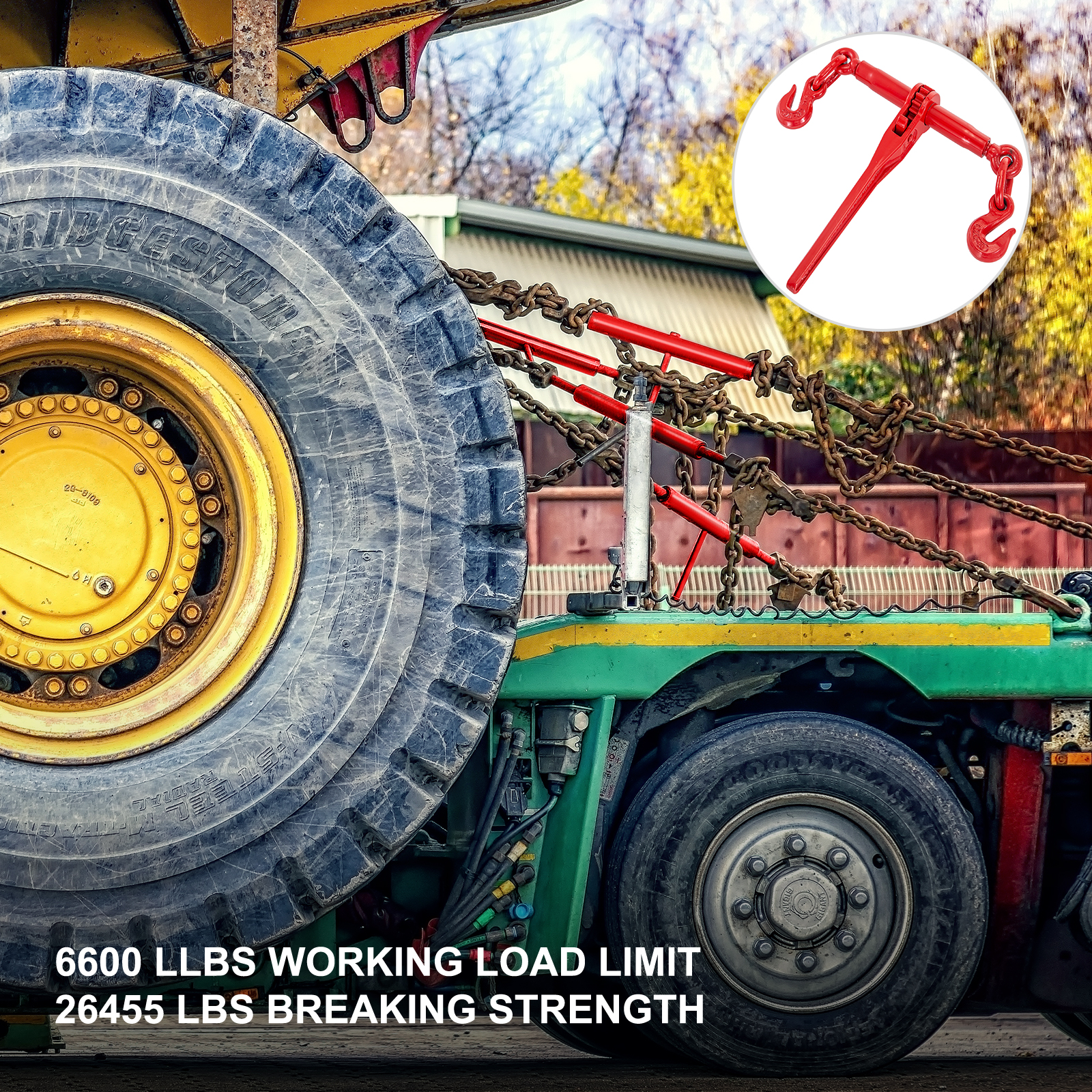 VEVOR ratchet chain binder securing heavy equipment on a truck with chains and hooks.