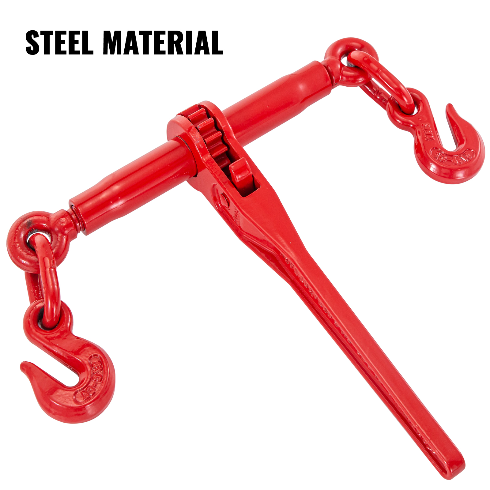 VEVOR ratchet chain binder in red with steel material and hooks.