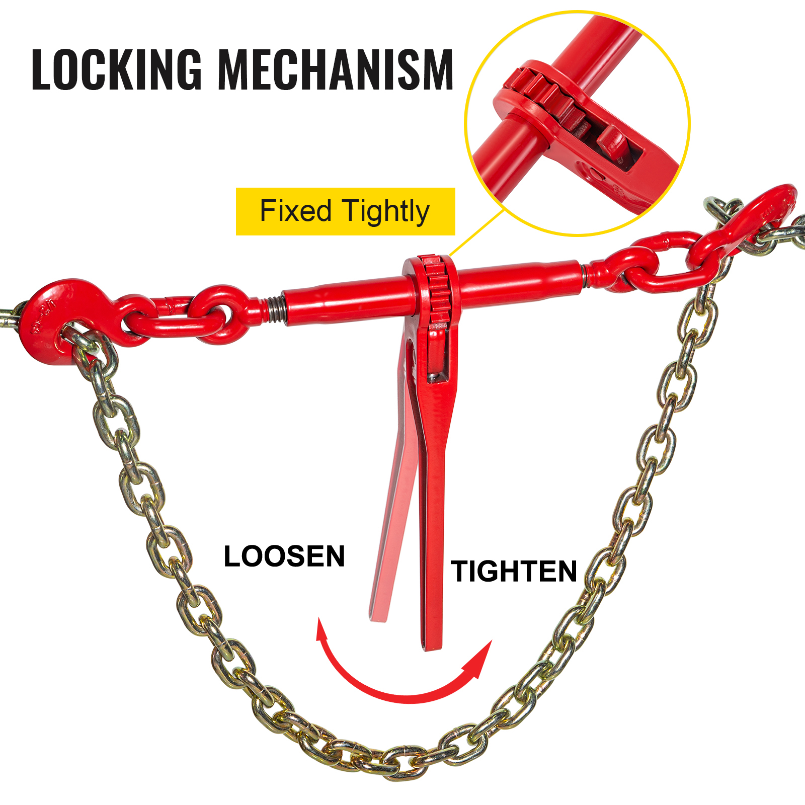 VEVOR ratchet chain binder with locking mechanism, fixed tightly between chains.