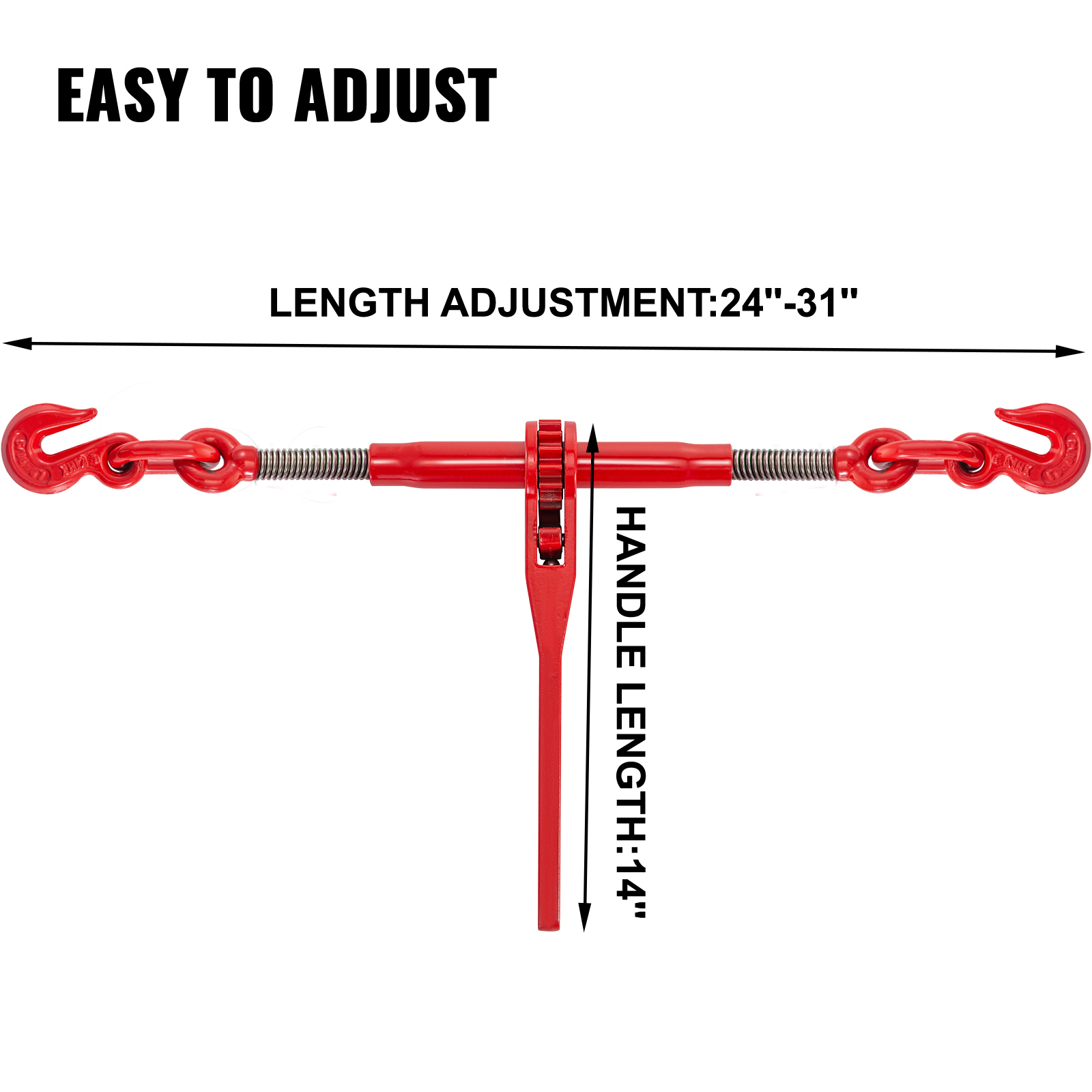 VEVOR ratchet chain binder, length adjustable from 24” to 31”, handle length 14”.