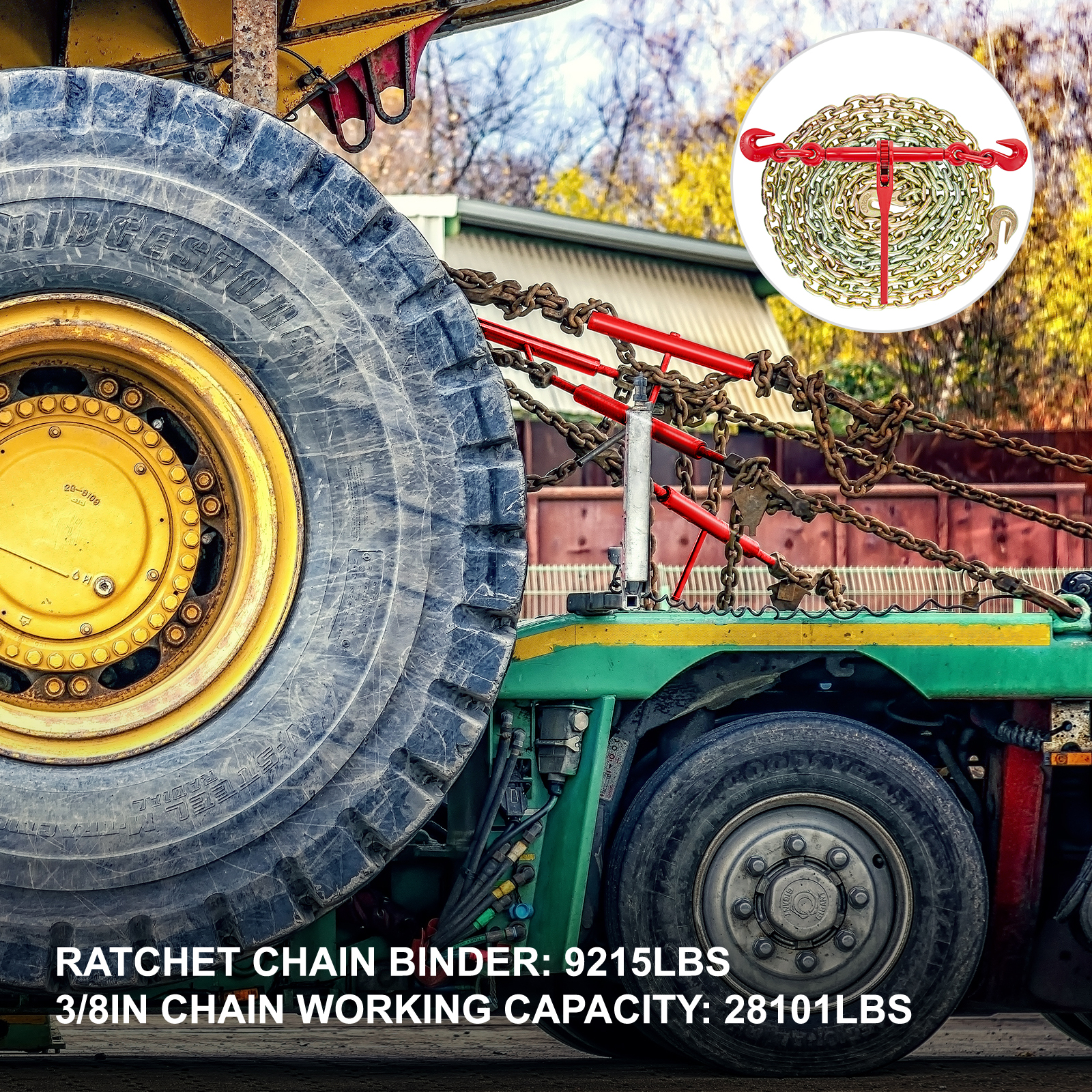 chains securing heavy machinery tire with VEVOR chain and binder kit in transport settings.
