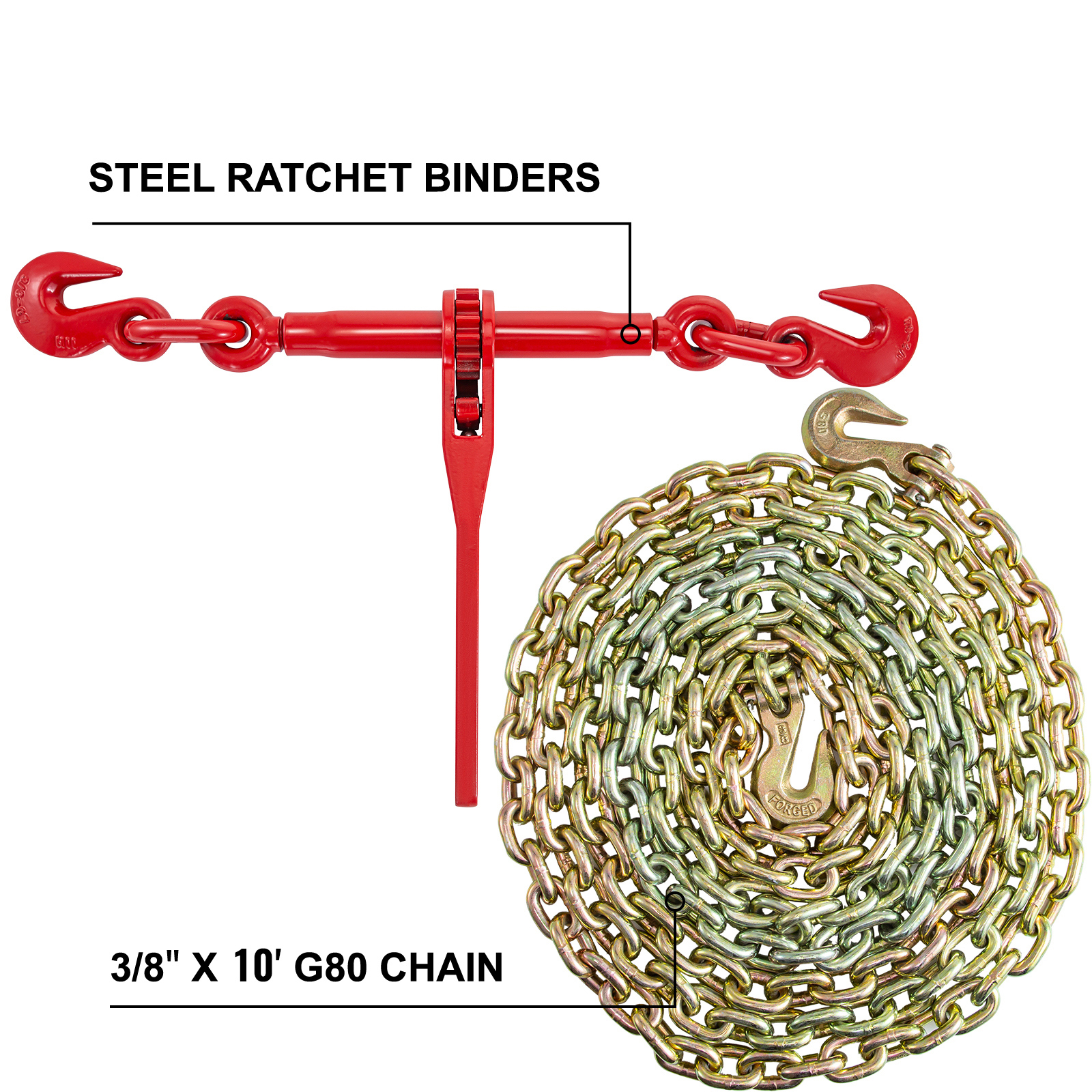 VEVOR chain and binder kit with steel ratchet binders and 10' g80 chain.