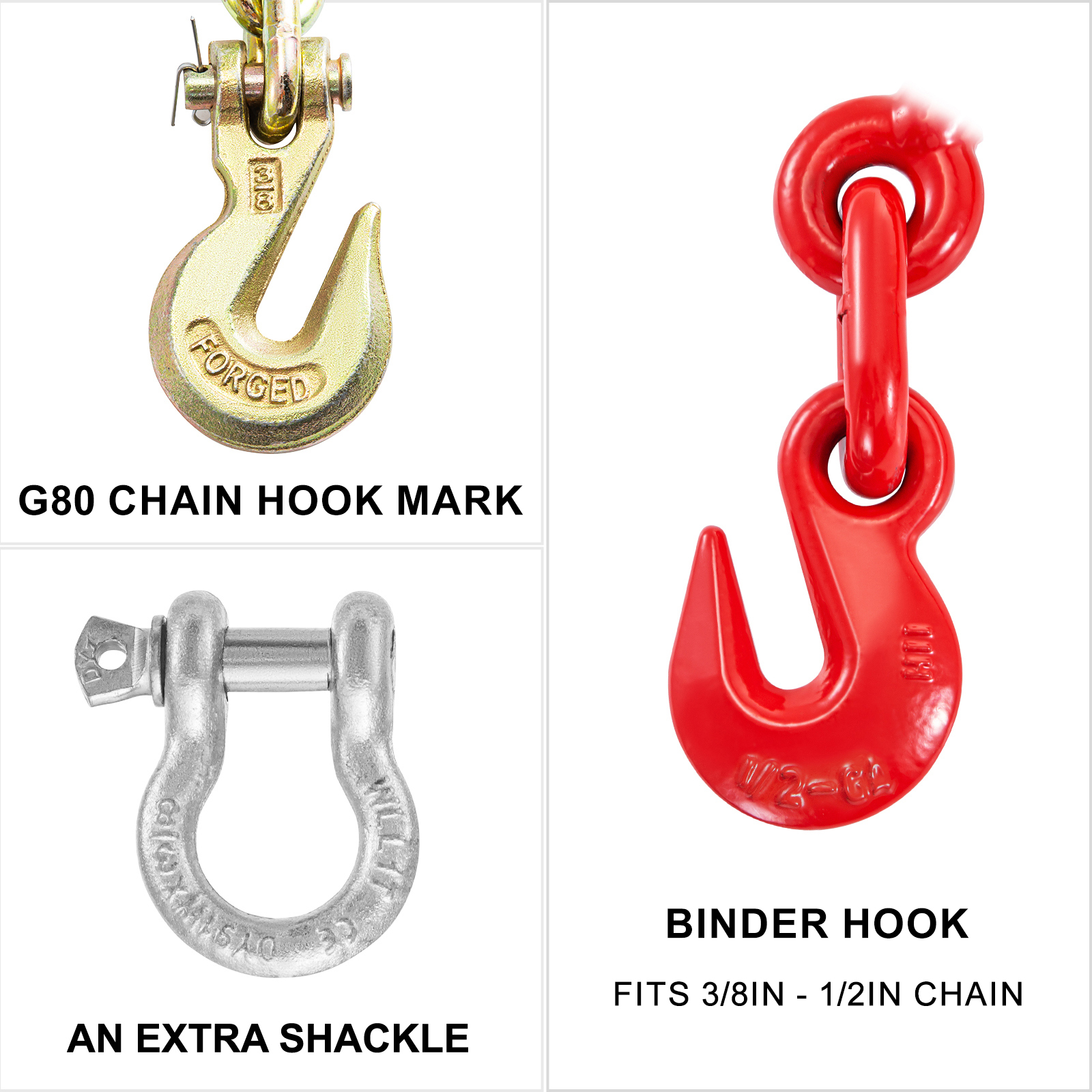 g80 chain hook, red binder hook, and extra shackle in VEVOR chain and binder kit.
