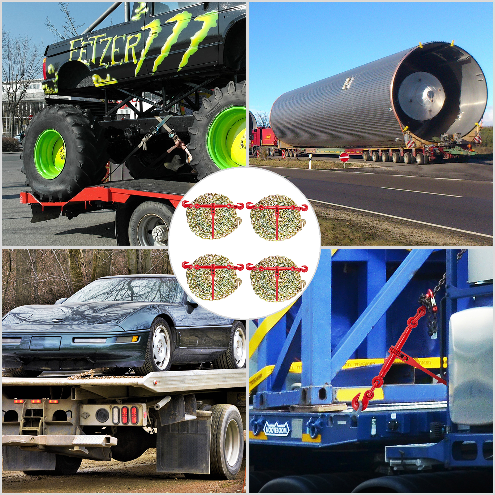 VEVOR chain and binder kit securing various heavy-duty vehicles and equipment.