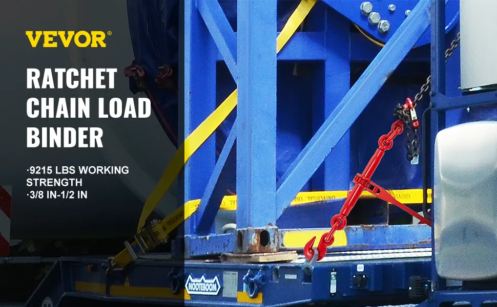 VEVOR ratchet binders secure a large load with yellow straps and red chain binders.