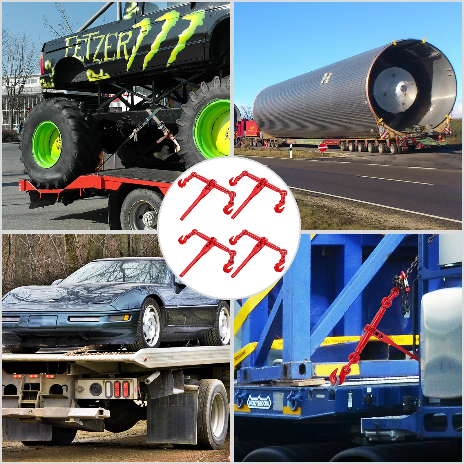 VEVOR ratchet binders securing various heavy vehicles on transport trailers.