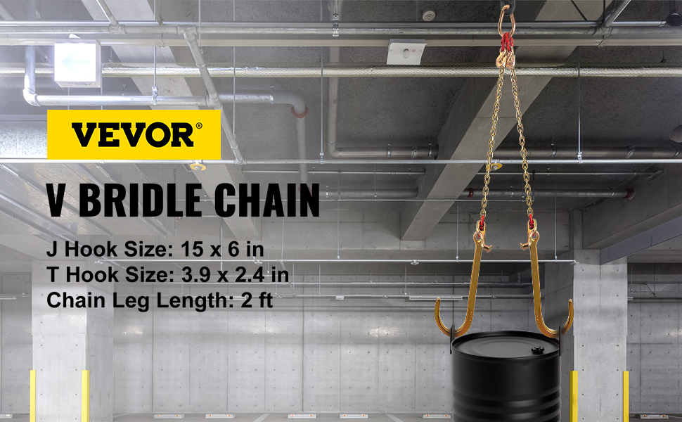 VEVOR v bridle chain lifting a black barrel in industrial setting.