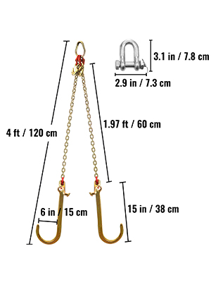 VEVOR v bridle chain with hook measurements and a d-ring shackle.