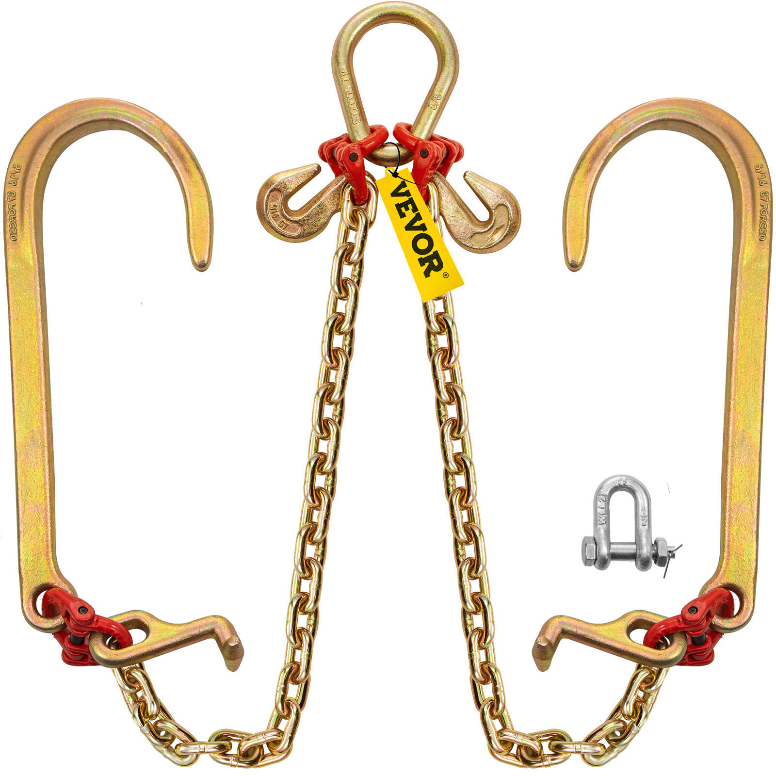 VEVOR v bridle chain with double hooks and central shackle in gold and red.
