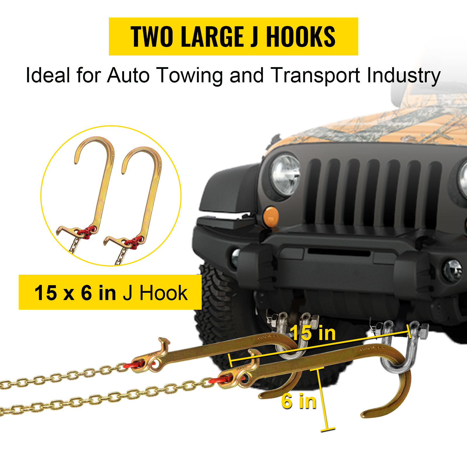 VEVOR v bridle chain with two large j hooks, ideal for auto towing, 15x6 inches.