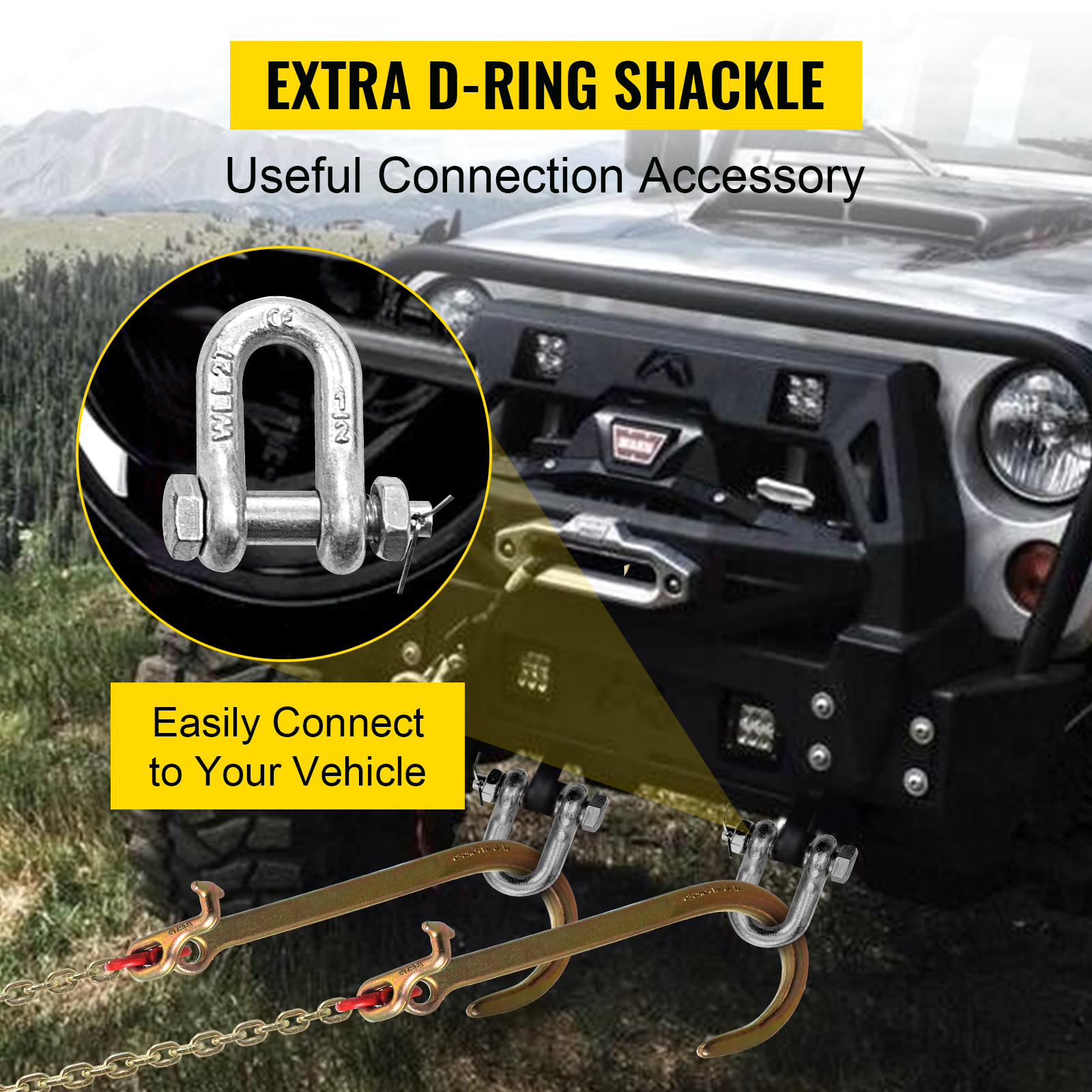 VEVOR v bridle chain with d-ring shackle for easy vehicle connection.