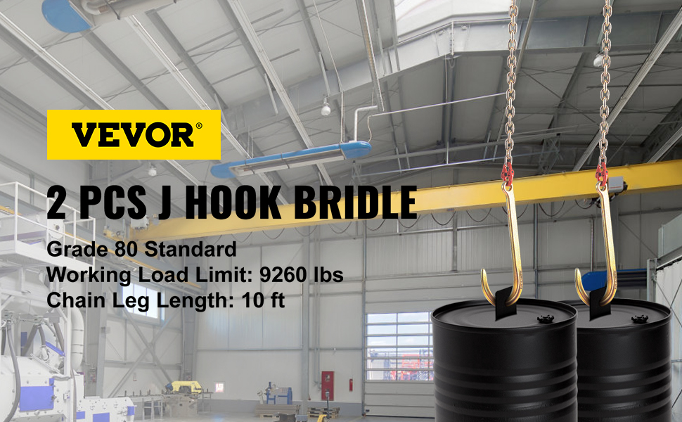 VEVOR j hook chain lifting two barrels in an industrial warehouse.