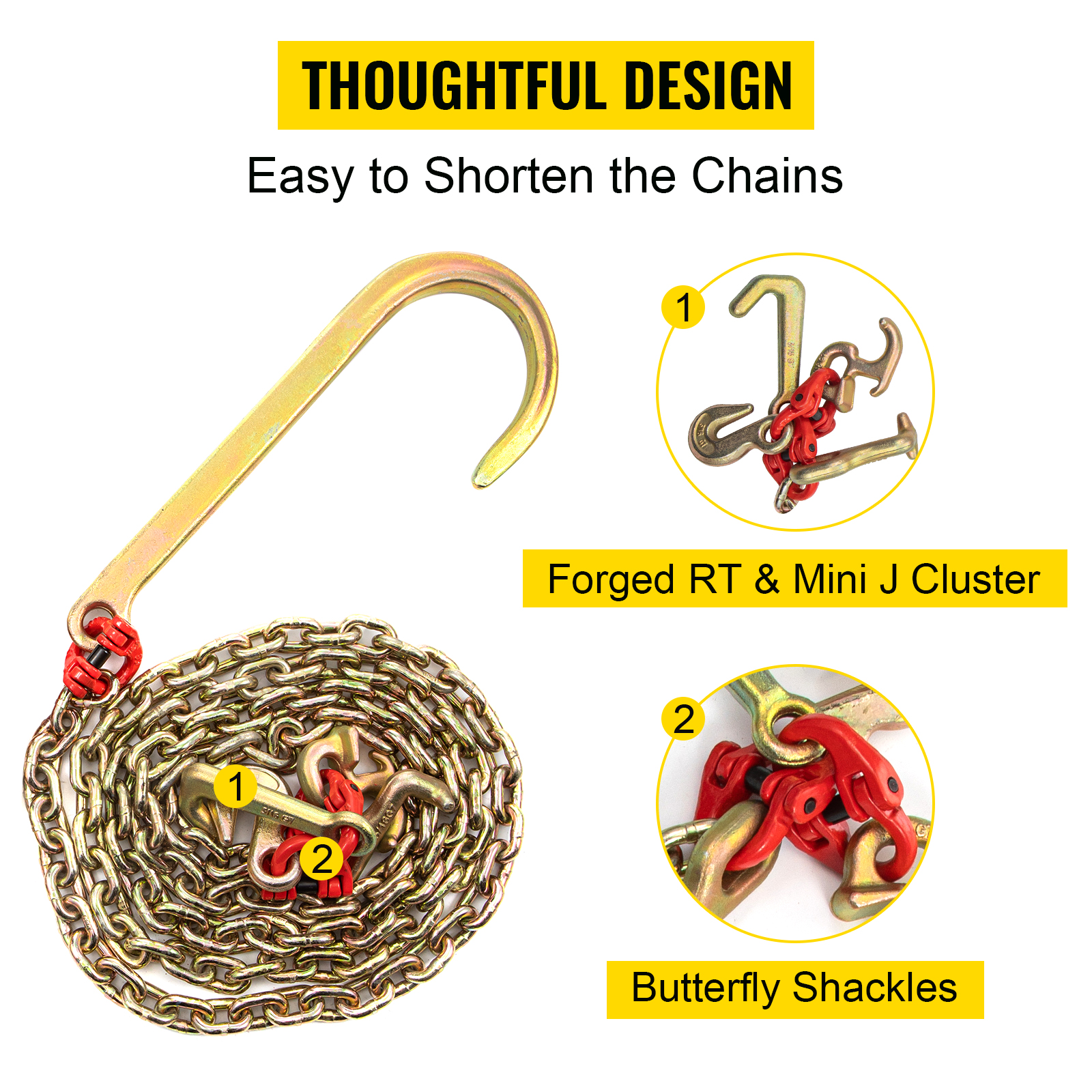 VEVOR j hook chain with forged rt & mini j cluster and butterfly shackles.